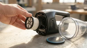 Close-up of a washable HEPA filter being removed from a wet dry handheld vacuum for car maintenance.