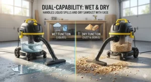 Diagram showing how a shop vacuum under $200 handles both liquid spills and dry sawdust debris.
