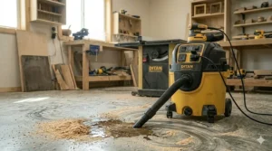Demonstrating the wet-dry capabilities of a woodworking shop vacuum for cleaning liquid spills and damp debris.