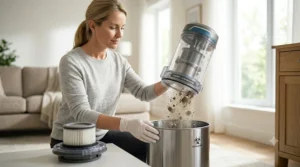 Emptying a vacuum dust canister without releasing trapped allergens.