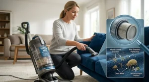 Person cleaning a living room with an asthma-certified vacuum cleaner.