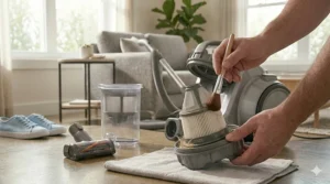 A close-up of a bagless vacuum cleaner canister being emptied, a key feature in many models under $300.
