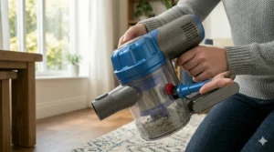An affordable vacuum cleaner under 100 dollars lifting golden retriever pet hair from a rug.