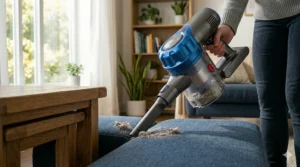 A compact handheld vacuum under 100 dollars cleaning crumbs off a fabric sofa cushion.