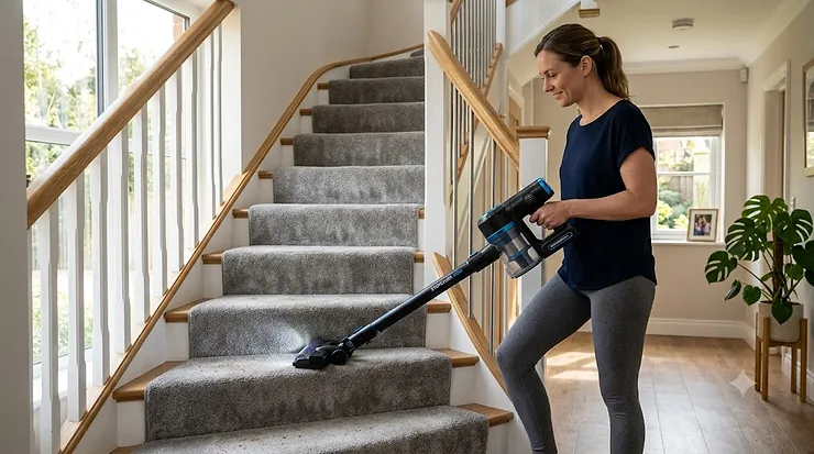 A powerful cordless vacuum for stairs being used on carpeted steps.