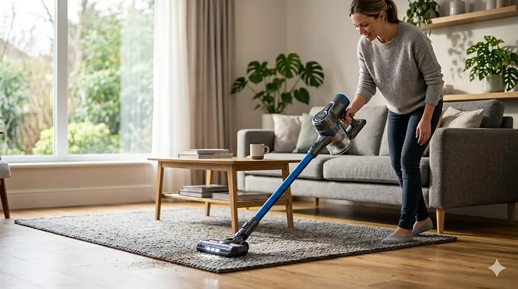A high-performance vacuum cleaner under $200 being used on a living room carpet.
