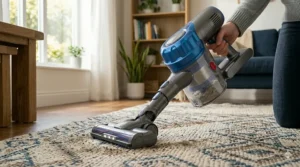 A powerful upright vacuum under $100 deep cleaning a thick living room carpet.