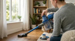 Close-up of a vacuum under $100 suctioning up spilled cereal from a dark wood kitchen floor.