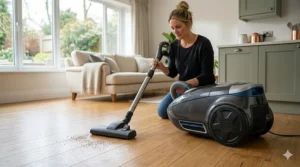 A professional canister vacuum for hardwood floors showing rubber wheels for floor protection.