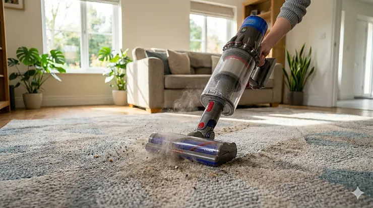 Powerful vacuum brush roll lifting dirt from a plush carpet surface. vacuum for multiple floor types
