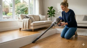 Using a crevice tool on a vacuum for hardwood floors to clean baseboards.