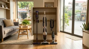A compact cordless vacuum mounted on a wall bracket for easy storage in a small apartment.