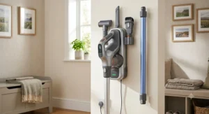 A compact wall-mounted charging dock for a cordless vacuum for senior citizens.