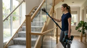 Demonstrating the reach of a cordless vacuum for stairs.