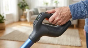 Close-up of an ergonomic vacuum handle designed for an easy, comfortable grip.