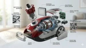 Exploded view of a bagless German vacuum cleaner demonstrating its ergonomic design.
