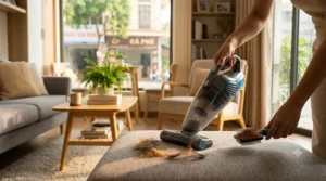 Using a handheld vacuum for small apartments to clean pet hair from fabric upholstery.