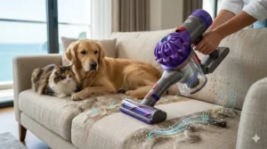 High end vacuum cleaner removing pet hair from upholstery