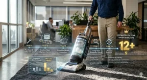 A timeline illustration showing the 12-year operational lifespan of an investment vacuum cleaner