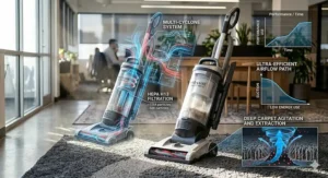 A technical diagram showing the multi-cyclone suction power of an investment vacuum cleaner