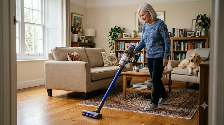 Senior citizen using a lightweight cordless vacuum in a comfortable living room.