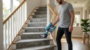 A person easily lifting a lightweight handheld vacuum for stairs.
