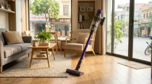 Versatile vacuum for small apartments transitioning between hardwood floors and thin rugs.