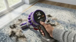 Specialized vacuum attachment picking up pet hair from an area rug.