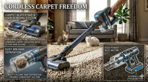 A specialized vacuum for carpet cleaning designed with a beater bar and multi-cyclone system to efficiently remove pet hair.