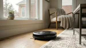 Smart robot vacuum navigating under furniture, a popular choice for an automated vacuum under $500.