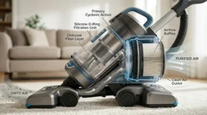 Cross-section view of a sealed vacuum system preventing dust from escaping.