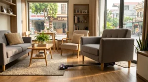 Slim stick vacuum for small apartments easily reaching under low-profile sofa furniture.