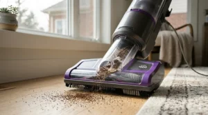 Close-up of a stick vacuum head showing effective debris pickup for a budget-friendly vacuum under $500.