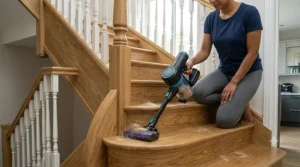 Cleaning pet hair from wooden steps using a vacuum for stairs.