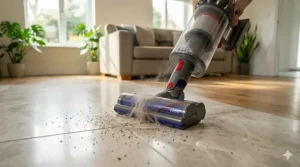 Vacuum nozzle removing debris from the grout lines of a tiled kitchen floor.