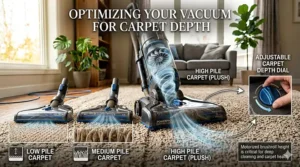 An upright vacuum for carpet cleaning showing how the motorized brush roll height is adjusted for different carpet pile depths.