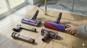Array of different vacuum heads and tools designed for various floor surfaces.