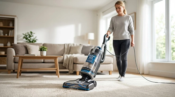 Modern vacuum cleaner with HEPA filter designed to reduce allergens and asthma triggers. vacuum for allergies and asthma