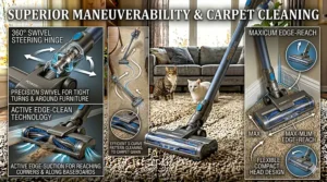 A feature highlight of a vacuum for carpet showing 360-degree swivel steering and active
