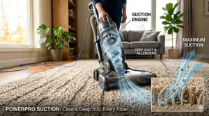 A detailed diagram illustrating the powerful suction engine removing deep dust and allergens from carpet fibers.