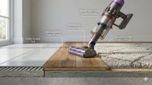 Diagram showing a vacuum cleaner’s versatility across tile, wood, and carpet.