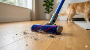 Removing pet hair and small debris from hardwood floors using a powerful stick vacuum.