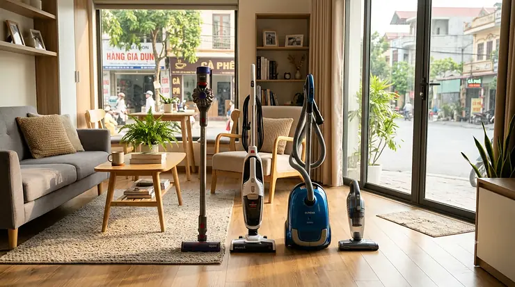 A selection of the best vacuums for small apartments arranged in a neat living room space. vacuum for small apartments