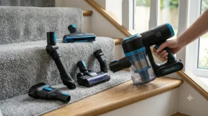 Close-up of specialized crevice tools on a vacuum for stairs.
