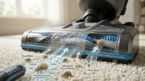 Close-up of a vacuum cleaner nozzle removing dust mites from carpet fibers.