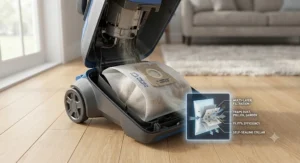 A close-up of a bagged vacuum cleaner showing how the sealed bag traps allergens and dust.