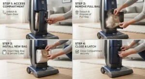 Step-by-step visual guide showing how to replace a vacuum bag in a standard upright vacuum cleaner.