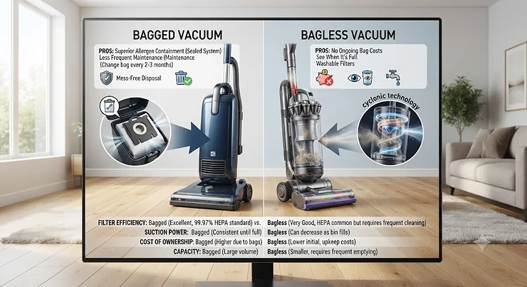 An infographic comparing the pros and cons of bagged versus bagless vacuum cleaners for American households. bagged vs bagless vacuum pros and cons