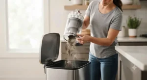 Demonstration of a person emptying the dust cup of a bagless vacuum into a trash can.