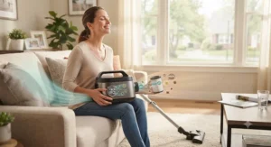 Graphic showing a person with allergies breathing easier after choosing a vacuum with a certified HEPA filter.